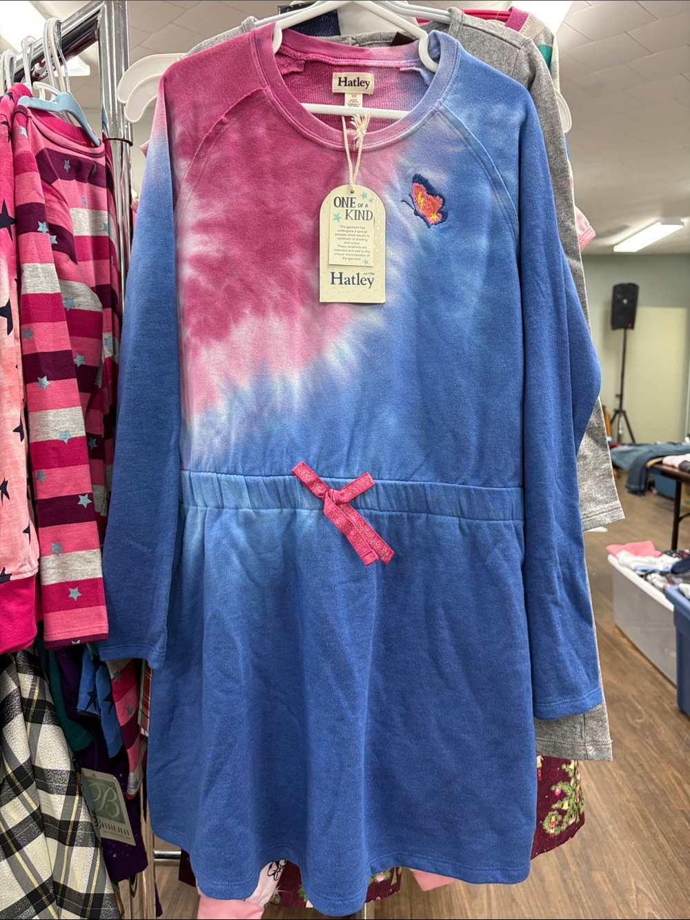 Hatley Blue and Pink Tie-Dye Sweatshirt Dress with Butterfly